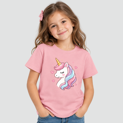 Menina usando camiseta infantil rosa com estampa de unicórnio