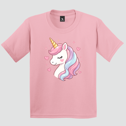 Camiseta infantil rosa com estampa de unicórnio colorido