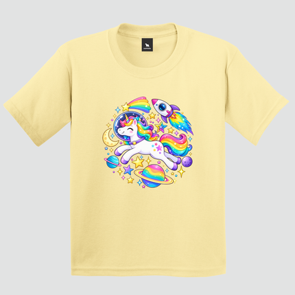 Camiseta infantil unicórnio espacial amarelo claro