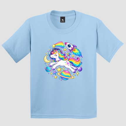 Camiseta infantil unicórnio espacial azul claro