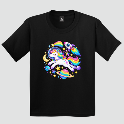 Camiseta infantil unicórnio espacial preta