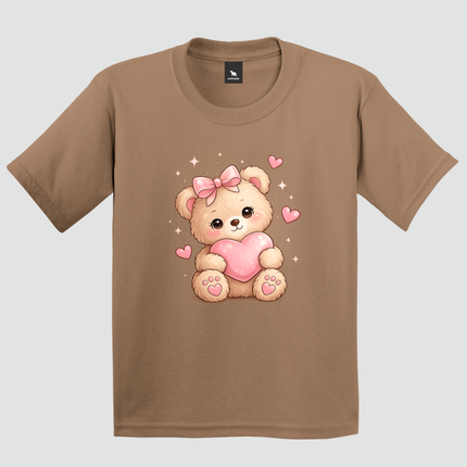 Camiseta infantil cappuccino com estampa de ursinho e coração rosa