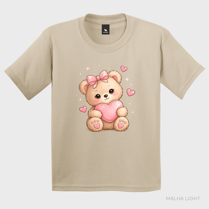 Camiseta infantil areia Malha Light com estampa cute de ursinho