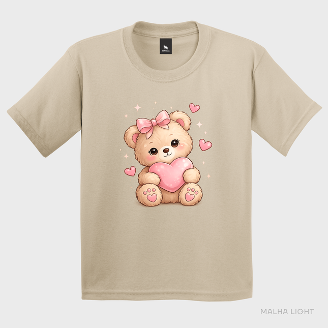 Camiseta infantil areia Malha Light com estampa cute de ursinho