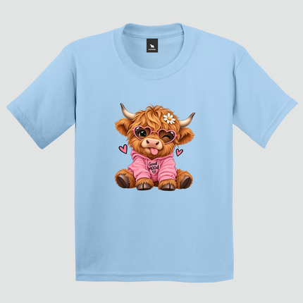 Camiseta infantil azul com estampa de vaquinha Good Mood