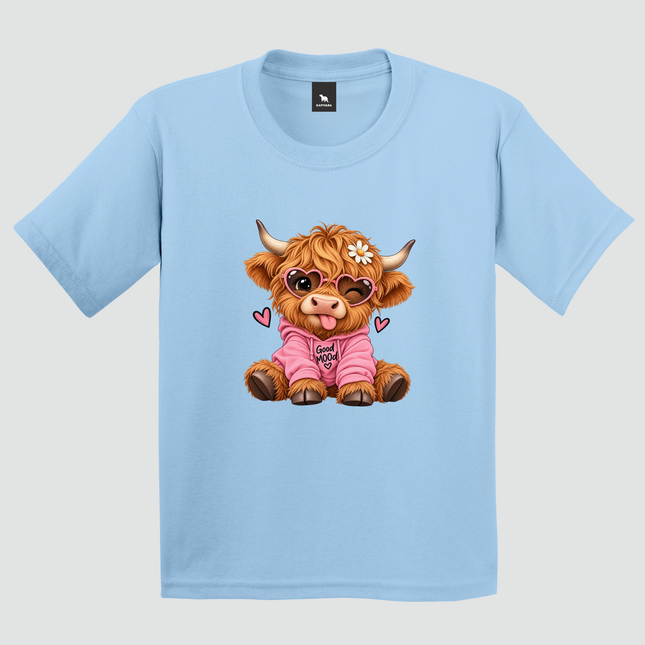 Camiseta infantil azul com estampa de vaquinha Good Mood