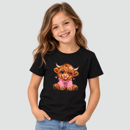 Camiseta infantil preta com estampa de vaquinha Good Mood