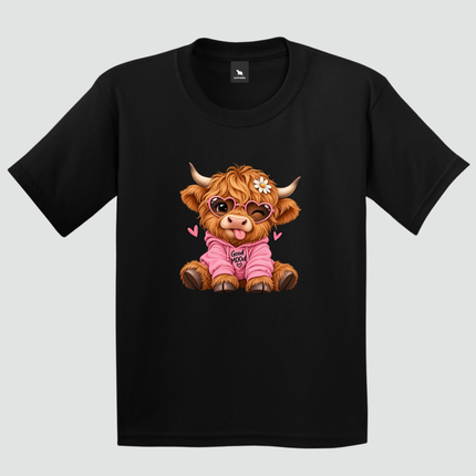 Camiseta infantil preta com estampa de vaquinha Good Mood