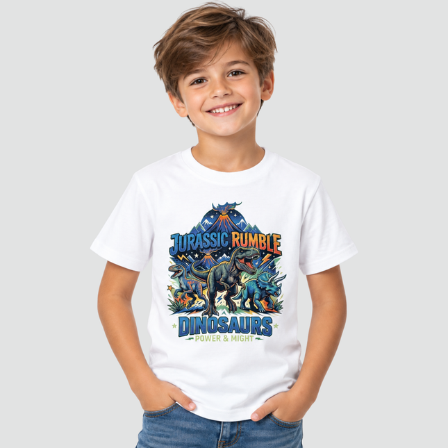 Menino usando camiseta branca Jurassic Rumble com estampa de dinossauros