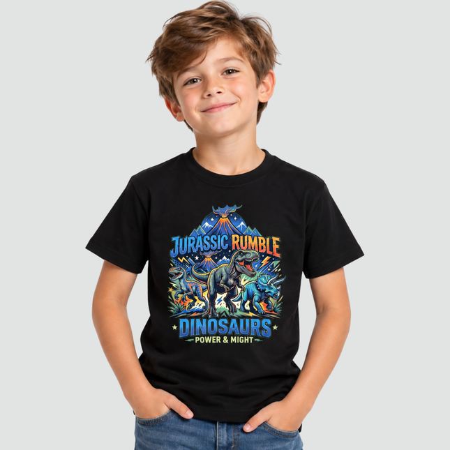 Menino usando camiseta preta Jurassic Rumble com estampa de dinossauros