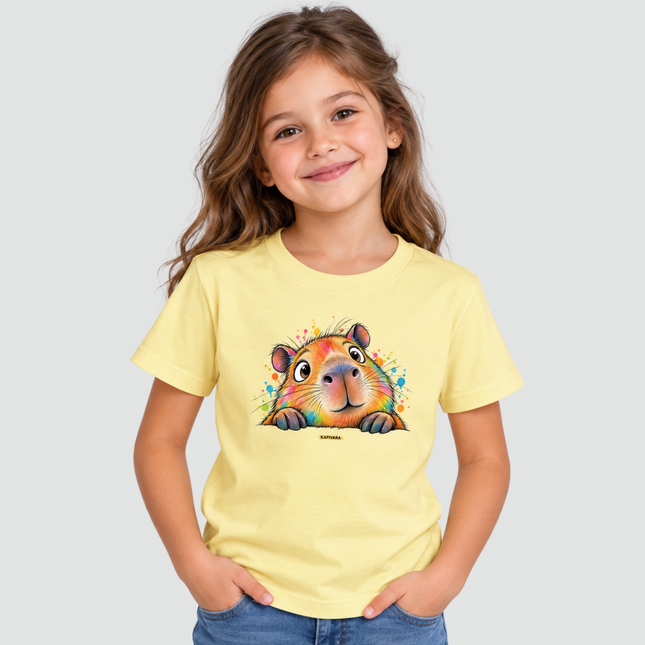 Menina usando camiseta Kapi Colorida amarela