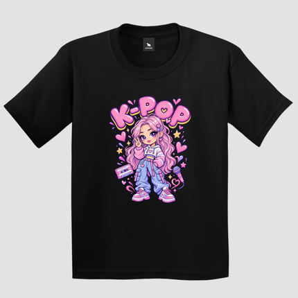 Camiseta infantil preta K-Pop Girl com estampa rosa e lilás