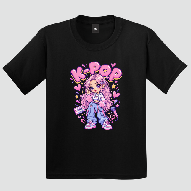 Camiseta infantil preta K-Pop Girl com estampa rosa e lilás