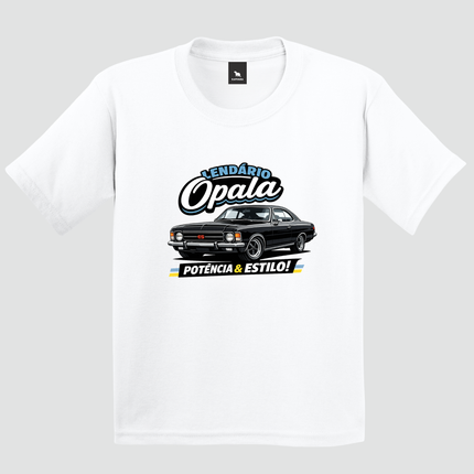 Camiseta infantil branca Lendário Opala com estampa de carro clássico