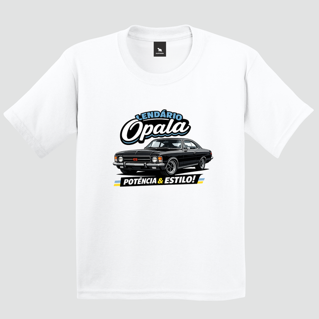 Camiseta infantil branca Lendário Opala com estampa de carro clássico