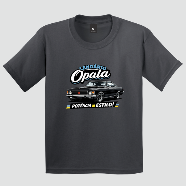 Camiseta infantil cinza-chumbo Lendário Opala com estampa de carro clássico