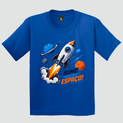 Camiseta infantil azul royal Rumo ao Espaço com foguete e planetas