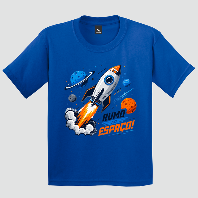 Camiseta infantil azul royal Rumo ao Espaço com foguete e planetas