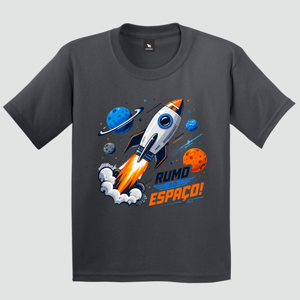 Camiseta infantil cinza-chumbo Rumo ao Espaço com foguete e planetas