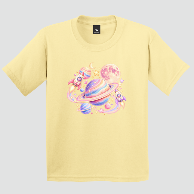 Camiseta infantil amarela Universo Encantado com planetas e foguetes