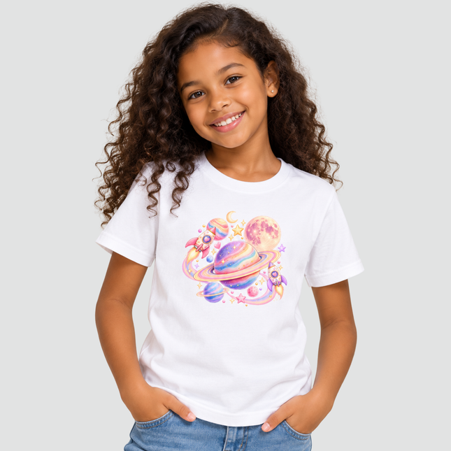Menina usando camiseta branca com estampa Universo Encantado