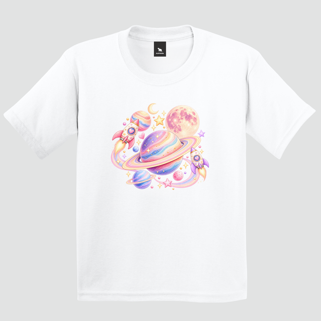 Camiseta infantil branca Universo Encantado com planetas e foguetes