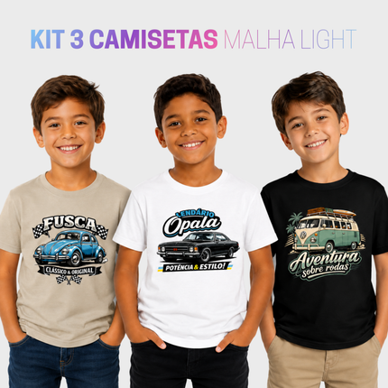 Kit 3 camisetas infantil carros clássicos com Fusca, Opala e Kombi