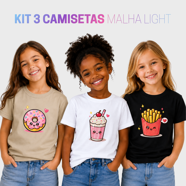 Kit 3 camisetas infantil Cute Food Malha Light com estampas de donut, milkshake e batata frita