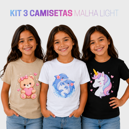 Kit 3 camisetas infantil Cute Girls Malha Light com estampas de unicórnio, golfinhos e ursinho