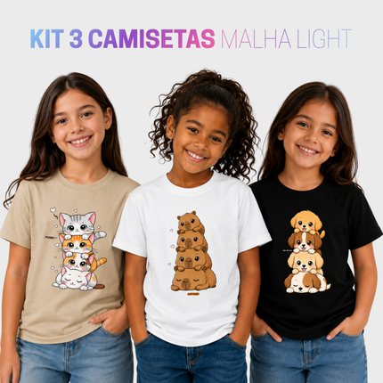 Kit 3 camisetas infantil Cute Pets Malha Light com estampas de gatinhos, capivaras e cachorrinhos