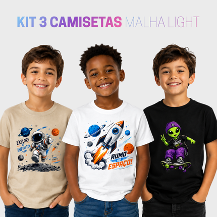 Kit 3 camisetas infantil Espaço Malha Light com astronauta, foguete e alienígena