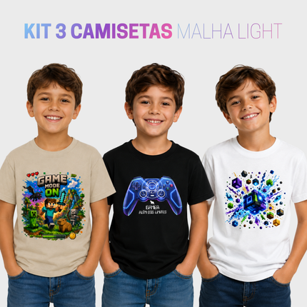 Kit 3 camisetas infantil Gamer Malha Light com estampas Game Mode On, Gamer Além dos Limites e Cubo Gamer