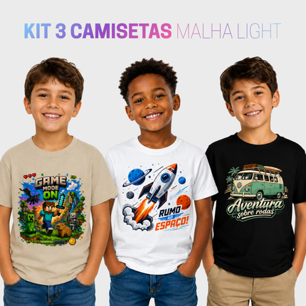 Kit 3 camisetas infantil com estampas gamer, foguete espacial e kombi aventura