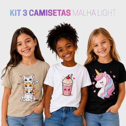 Kit 3 camisetas infantil Mix Cute Malha Light com estampas de gatinhos, milkshake e unicórnio
