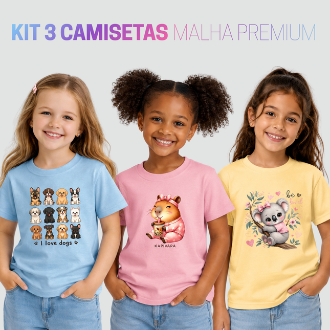Kit 3 Camisetas Infantil Sweet Friends Malha Premium com estampas de cachorrinhos, coala e capivara em camisetas azul claro, amarelo claro e rosa.