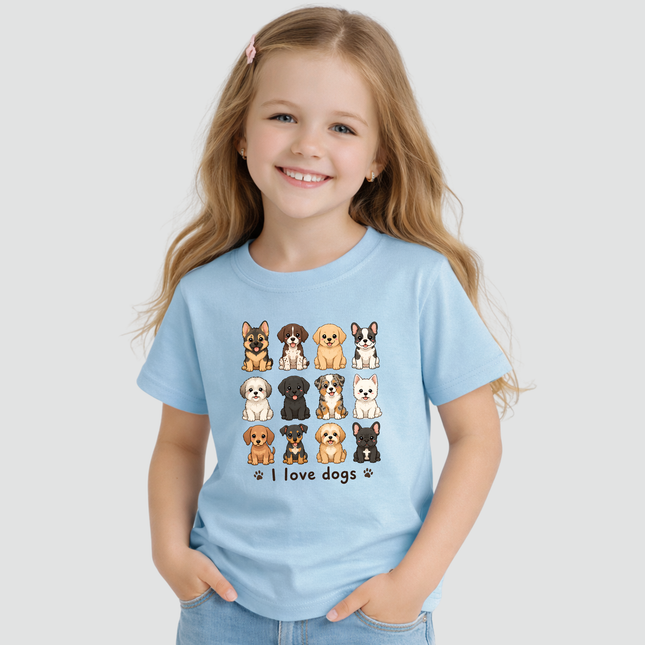 menina usando camiseta infantil azul claro com estampa I Love Dogs e ilustrações de cachorrinhos em malha premium