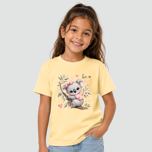 Menina usando camiseta estampa fofa coala amarela malha premium