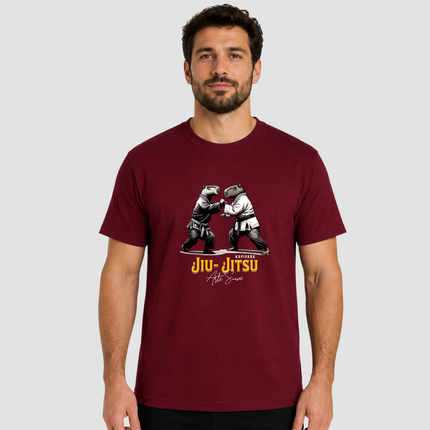 Camiseta Adulto Capivara Jiu-Jitsu Arte Suave na cor bordô com estampa exclusiva de capivaras praticando Jiu-Jitsu.