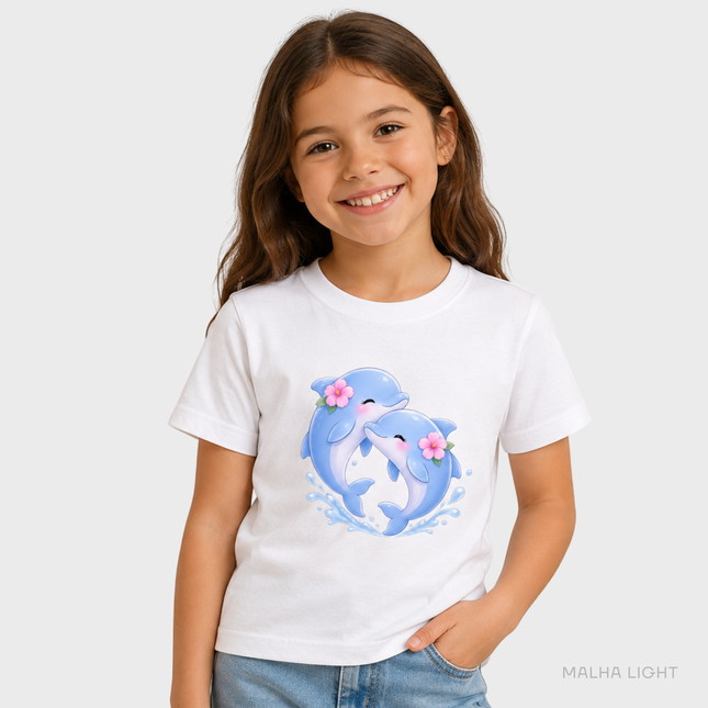 Menina usando camiseta infantil branca Malha Light com estampa de golfinhos cute