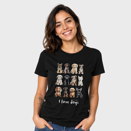 Mulher usando camiseta feminina preta I Love Dogs com estampa de diversas raças de cachorros